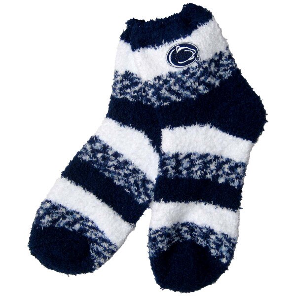 navy and white striped fuzzy socks with Penn State Athletic Logo